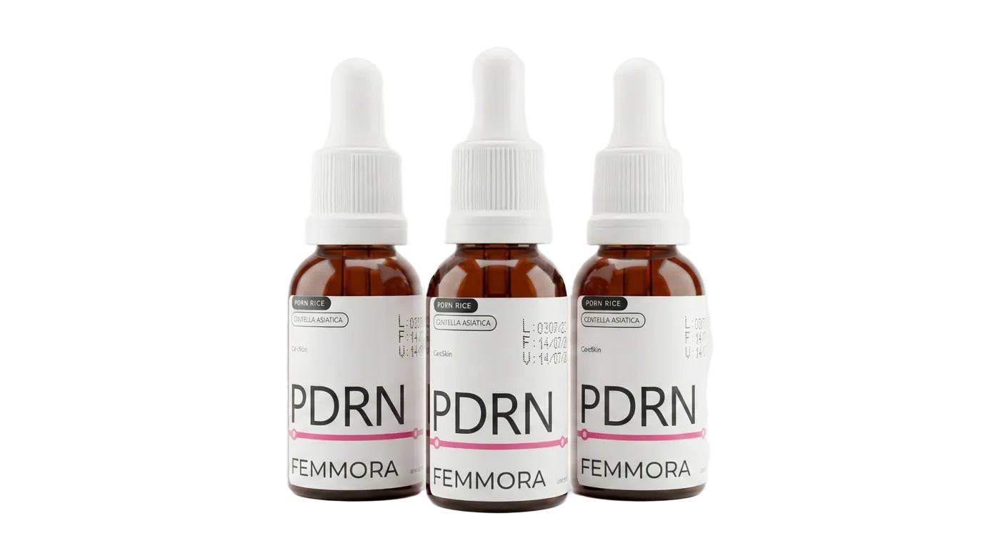 Três frascos do sérum facial PDRN Rice Femmora com Centella Asiática